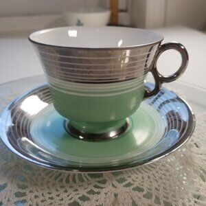 N&C Teacup & Saucer Japan Green White and Silver Vintage
